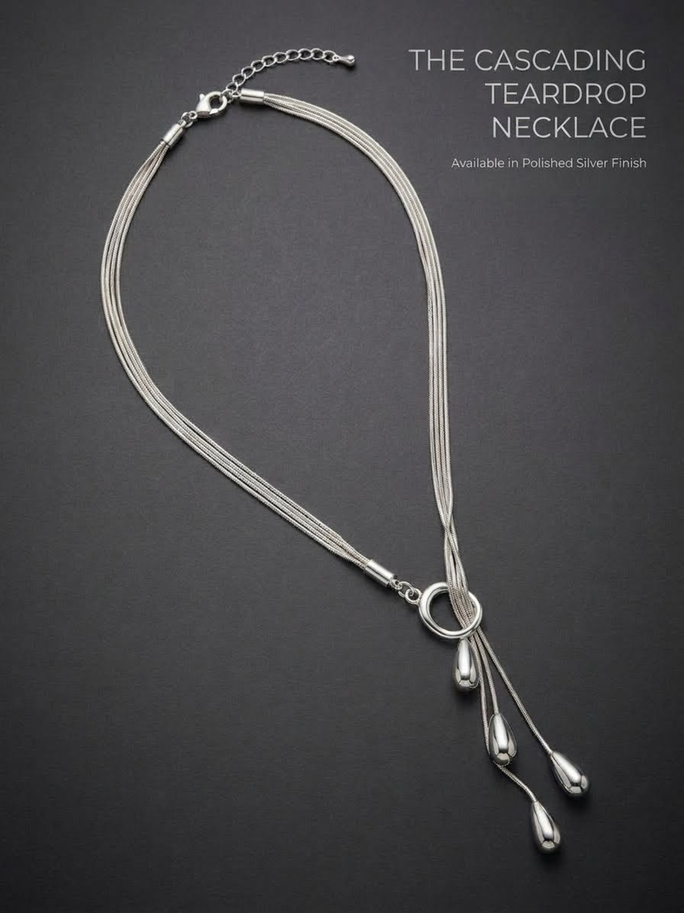 Silver Multi Strand Lariat Necklace Cascading Teardrop Pendant NWT
